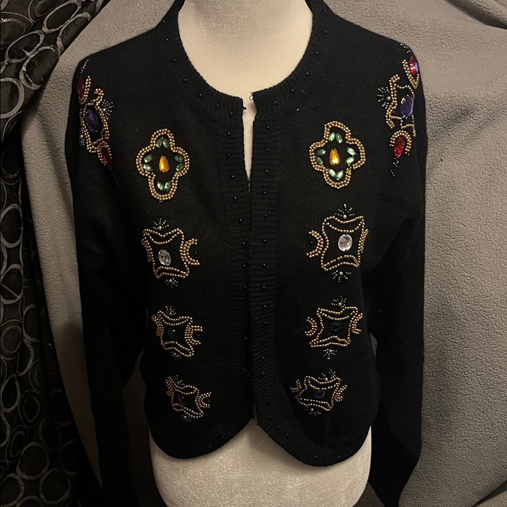 Embellished Black Cardigan Sweater
